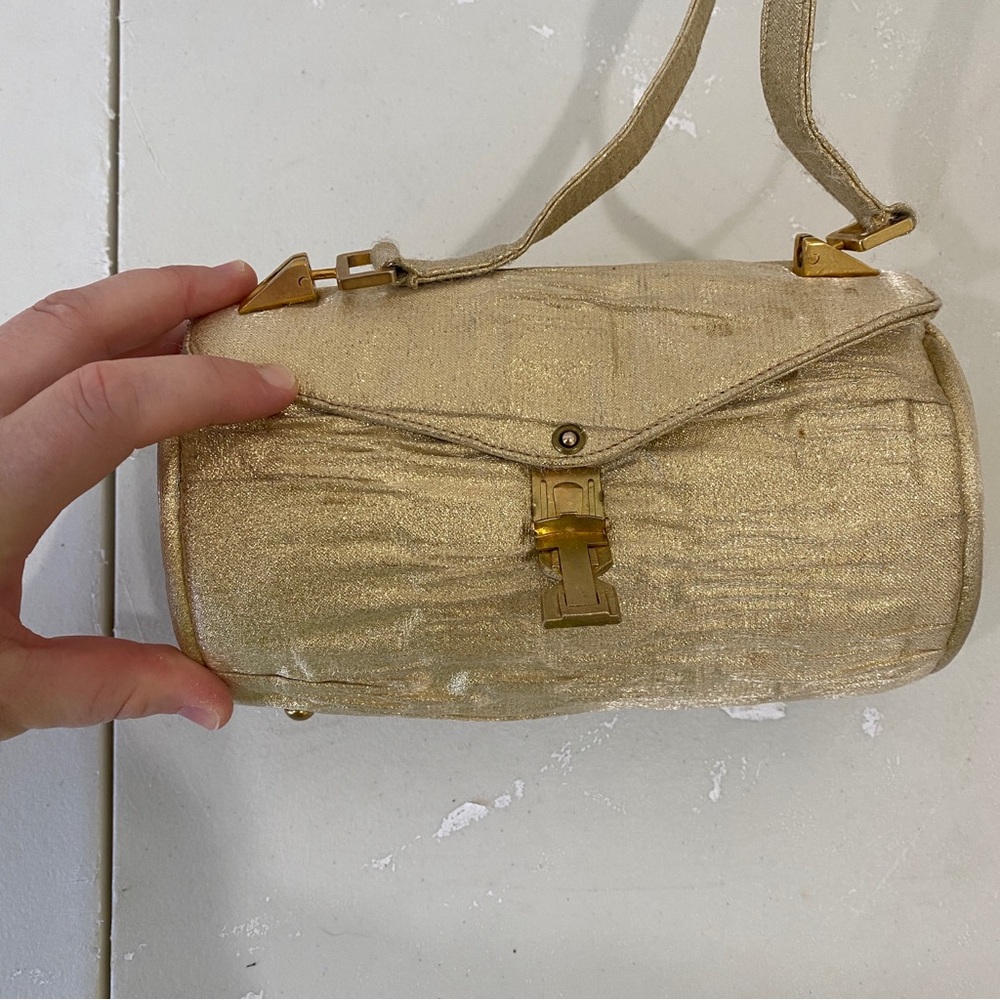 VINTAGE 1960s Lou Taylor gold ruched mini small cocktail bag w/ built in MIRROR - Picture 8 of 15